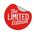 Limited edition round label sticker. Seller offer for purchase adhesive badge with corner curl. Red circle