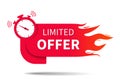 Limited offer. Banner of sale with clock, fire and countdown. Hot limited of time offer of discount. Icon of promo deal. Label, Royalty Free Stock Photo