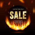 Limited time sale banner with realistic fire flames, button shop now. Burning light effect black friday design template Royalty Free Stock Photo