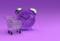 Limited Time shopping cart with retro alarm clock isolated on a blue background