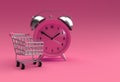 Limited Time shopping cart with retro alarm clock isolated on a Pink background