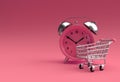 Limited Time shopping cart with retro alarm clock isolated on a yellow 3d Render Background
