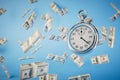 limited time to earn money. a stopwatch and packs of dollar bills flying across a blue background. 3D render