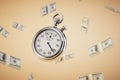 limited time to earn money. a stopwatch and packs of dollar bills flying across a pastel background. 3D render