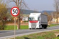 Limiting the speed of traffic to 50 km/h. Road sign on the highway. safety of traffic. Motor transportation of passengers and carg Royalty Free Stock Photo