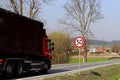 Limiting the speed of traffic to 50 km/h. Road sign on the highway. safety of traffic. Motor transportation of passengers and carg Royalty Free Stock Photo