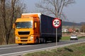 Limiting the speed of traffic to 50 km/h. Road sign on the highway. safety of traffic. Motor transportation of passengers and carg