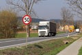 Limiting the speed of traffic to 50 km/h. Road sign on the highway. safety of traffic. Motor transportation of passengers and carg Royalty Free Stock Photo