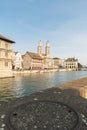 Limmat river and the Munster church in Zurich in Switzerland