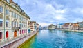 Limmat river and riverside buildings on Wuhre street, Zurich, Switzerland