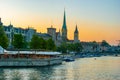 Limmat river and Zurich at sunset Royalty Free Stock Photo