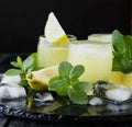 Limoncello,Iralian traditional liqueur with lemons on the vintage table