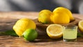 Limoncello, Italian liqueur with lemons. Traditional Mediterranean sweet shot alcoholic drink close up Royalty Free Stock Photo