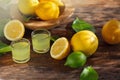 Limoncello, Italian liqueur with lemons. Traditional Mediterranean sweet shot alcoholic drink close up, little glasses