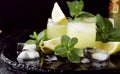 Limoncello, Italian traditional liqueur with lemons on vintage table, selective focus