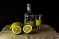 Limoncello traditional italian lemon liqueur with bottle, glass and fresh lemon halves Royalty Free Stock Photo