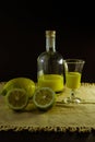 Limoncello traditional italian lemon liqueur with bottle, glass and fresh lemon halves Royalty Free Stock Photo