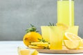 limoncello. traditional strong alcoholic drink and lemons. banner, menu, recipe place for text, top view