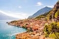 Limone Sul Garda cityscape on the shore of Garda lake surrounded by scenic Northern Italian nature. Amazing Italian cities of Royalty Free Stock Photo