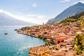 Limone Sul Garda cityscape on the shore of Garda lake surrounded by scenic Northern Italian nature. Amazing Italian cities of Royalty Free Stock Photo