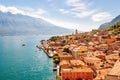 Limone Sul Garda cityscape on the shore of Garda lake surrounded by scenic Northern Italian nature. Amazing Italian cities of Royalty Free Stock Photo