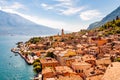 Limone Sul Garda cityscape on the shore of Garda lake surrounded by scenic Northern Italian nature. Amazing Italian cities of Royalty Free Stock Photo