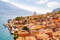 Limone Sul Garda cityscape on the shore of Garda lake surrounded by scenic Northern Italian nature. Amazing Italian cities of Royalty Free Stock Photo