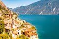 Limone Sul Garda cityscape on the shore of Garda lake surrounded by scenic Northern Italian nature. Amazing Italian cities of Royalty Free Stock Photo