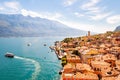 Limone Sul Garda cityscape on the shore of Garda lake surrounded by scenic Northern Italian nature. Amazing Italian cities of Royalty Free Stock Photo