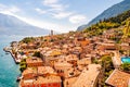 Limone Sul Garda cityscape on the shore of Garda lake surrounded by scenic Northern Italian nature. Amazing Italian cities of Royalty Free Stock Photo