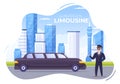 Limousine Car with City Urban View and Luxury Metropolis Concept in Flat Cartoon Illustration Royalty Free Stock Photo