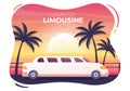 Limousine Car with Sunset or Sunrise Views on the Beach in Flat Cartoon Illustration Royalty Free Stock Photo