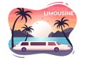 Limousine Car with Sunset or Sunrise Views on the Beach in Flat Cartoon Illustration Royalty Free Stock Photo