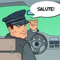 Limousine Driver. Chauffeur Saluting Passenger. Pop Art illustration