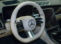 Limousine, luxury car Mercedes Benz S500 S class w223 interior dashboard with steering wheel.