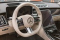 Limousine, luxury car Mercedes Benz S500 S class w223 interior dashboard with steering wheel close up view.