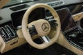 Limousine, luxury car Mercedes Benz S500 S class w223 interior dashboard with steering wheel.