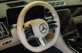 Limousine, luxury car Mercedes Benz S500 S class w223 interior dashboard with steering wheel.