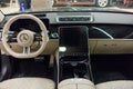 Limousine, luxury car Mercedes Benz S500 S class w223 interior dashboard with steering wheel.