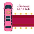 Limousine service topview vector illustration. Pink luxurious limousine with red carpet for celebtreties banner. Premium