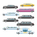Limousine vector limo luxury car and retro auto transport and vehicle automobile illustration set of automotive