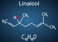 Linalool  molecule. Structural chemical formula and molecule model on the dark blue background Royalty Free Stock Photo