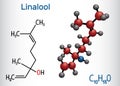 Linalool molecule. Structural chemical formula and molecule model
