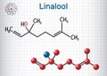 Linalool  molecule. Structural chemical formula and molecule model. Sheet of paper in a cage Royalty Free Stock Photo