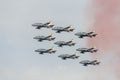 Greeting final passage of PAN military team through tricolor smokes at airshow, Linate, Italy