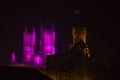 Lincoln Cathedral and Castle at night with festive floodlighting