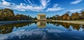 The Lincoln Memorial Reflected In The Reflecting Pool Surrounded By Autumn Trees Under Dynamic Sky