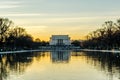Lincoln Memorial and Reflecting Pool at Sunset in Washington DC, USA. Beautiful Sky Colors. Bare Trees Across the Pool.