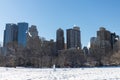 Lincoln Square Skyline seen from the Snow Covered Sheep Meadow at Central Park during the Winter in New York City Royalty Free Stock Photo