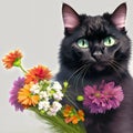 Belo gato preto, peludo, olhos verdes com flores!